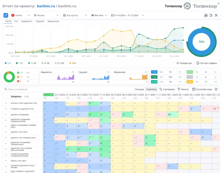 SEO-продвижение клиники лазерного удаления тату в Москве — позиции после работ (Топвизор)